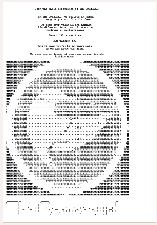 La page de présentation du film sur The Pirate Bay avec ce message. "Nous qui avaons fait Le Cosmonaute, nous croyons au karma. Et c'est pourquoi nous vous offrons ce film gratuitement. Il a fallu quatre ans pour lme